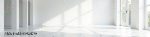 Bright white marble floor, spacious studio setting, interior design, product, minimal