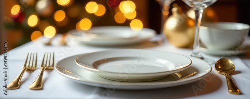 Elegant gold cutlery on crisp white plates & dishes, festive Xmas/New Year table setting , winter, gold