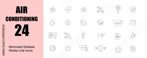 Minimalist Editable Air Conditioning Stroke Line Icons for HVAC Climate Control, Ventilation, Cooling, Heating, Thermostat, Weather, Smart Home UI Design

