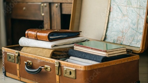 An open vintage suitcase, revealing carefully folded clothes, a stack of books, and a travel map tucked into the lid, evoking a sense of adventure, travel, and classic journeys.

