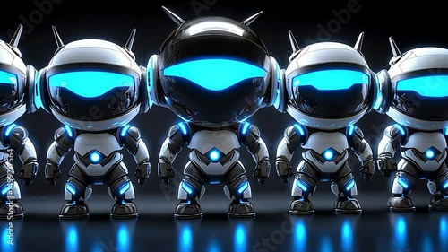 Futuristic robots in line, dark background