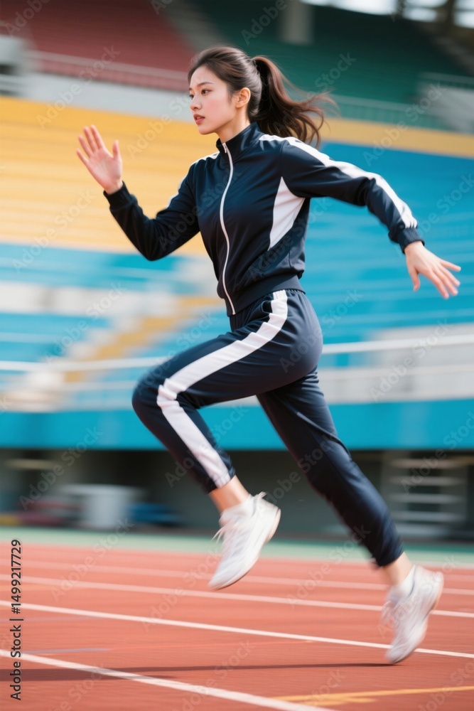 Obraz premium woman running on a track with a blue and white jacket