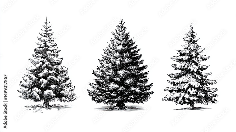 Obraz premium Sketch engraving of three snow-covered pine trees in winter forest scene with vintage detailed style