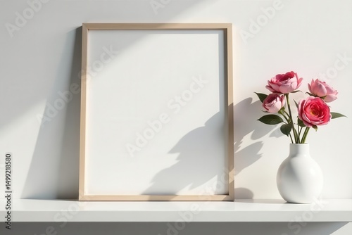 Stylish empty frame mockup beside elegant flower vase on modern shelf , white, presentation