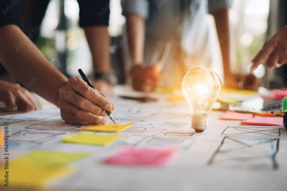 Fototapeta premium Creative UX Design Team Brainstorming Ideas with Light Bulb Symbolizing Innovation in Modern Office Workspace