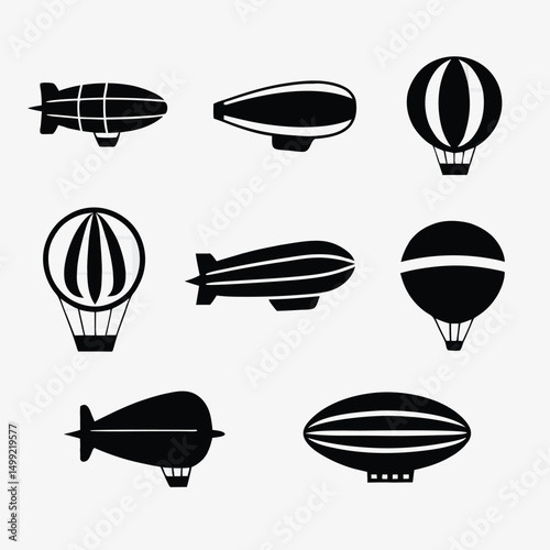 Black silhouette icons of zeppelins and airships
