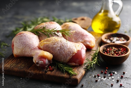 Raw chicken drumsticks on a...
