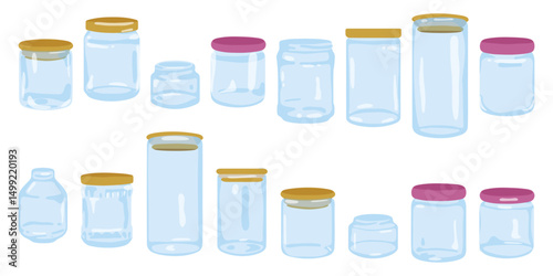 Cartoon Glass Jars Collection. Set of flat kitchen containers with gold and pink lids, isolated on white background.