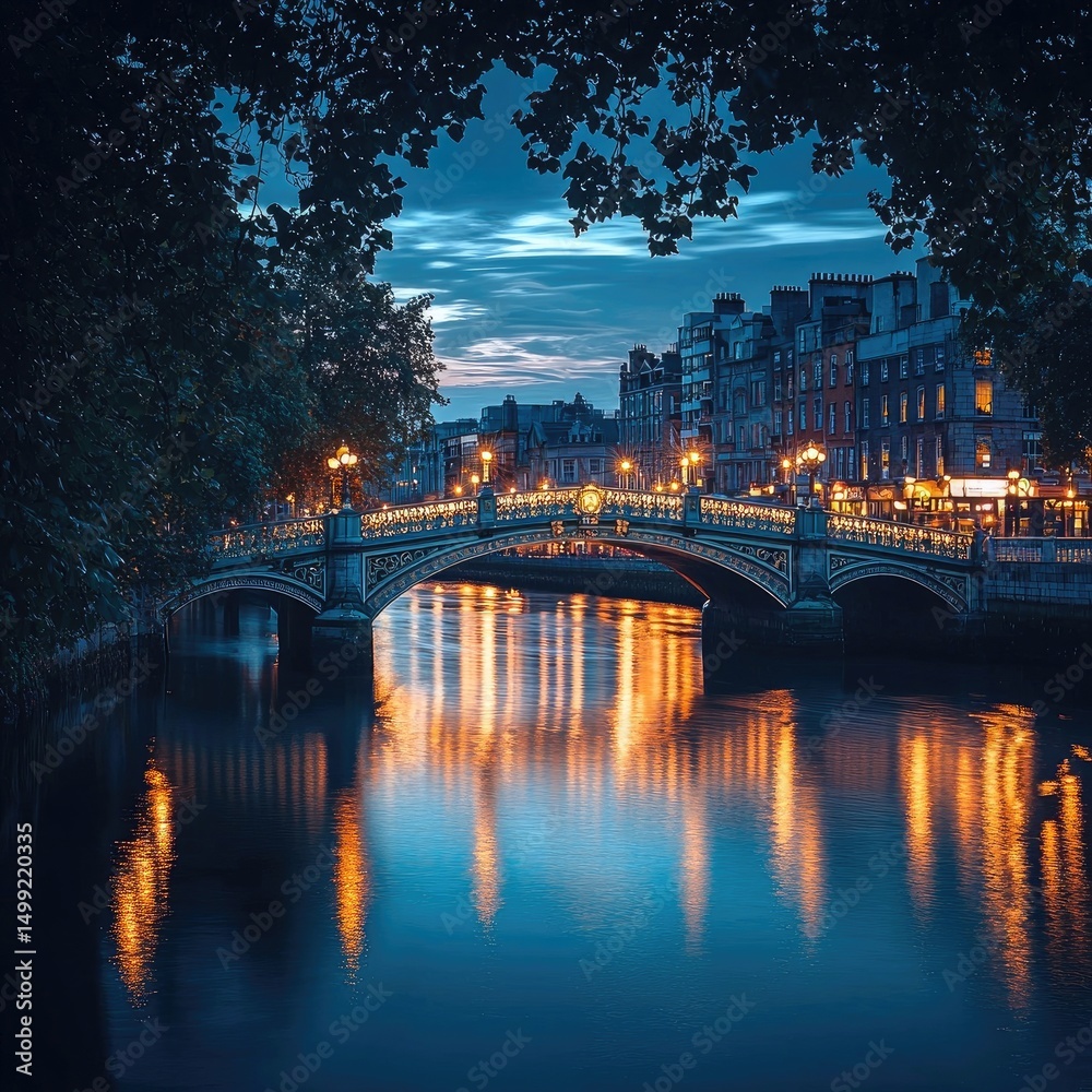 Fototapeta premium Evening cityscape with bridge covered in warm string lights reflecting on calm river, lined with buildings and pedestrians. Generative by AI.