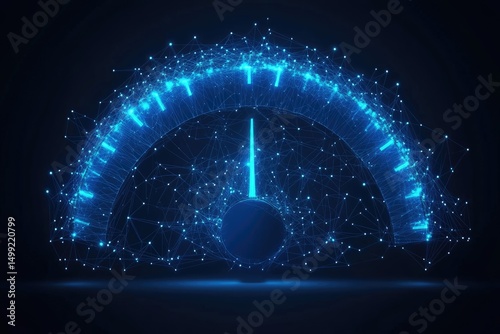 Glowing speedometer outlined by connected dots in dark blue background. Symbolize speed, progress, performance, analytics, and technological advances.