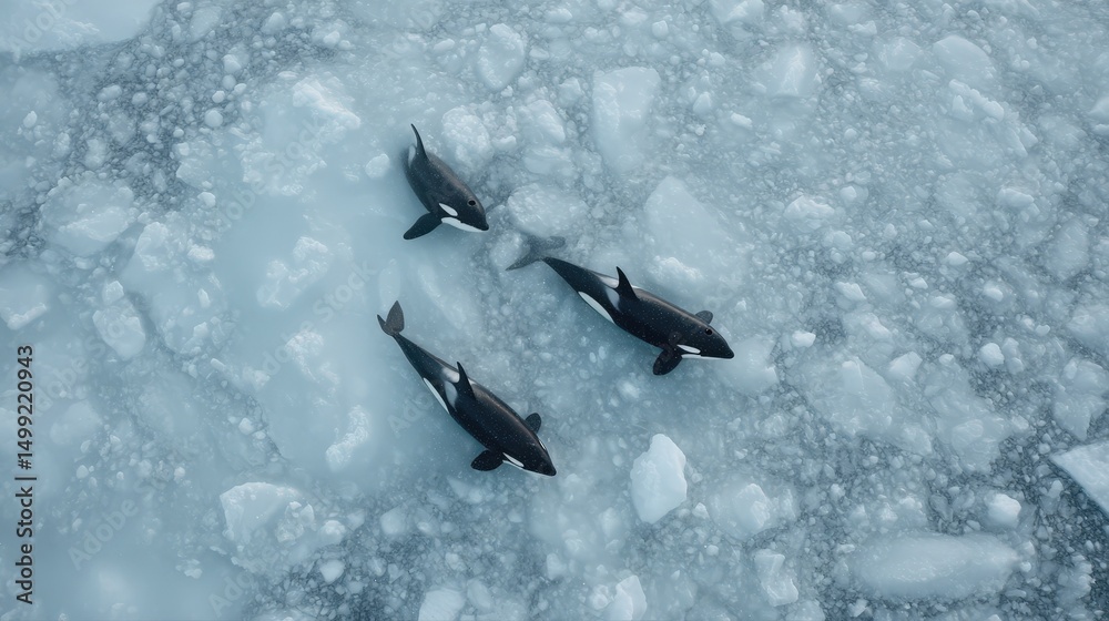 Fototapeta premium Three Orcas Swimming in Icy Arctic Waters Aerial View Wildlife Conservation