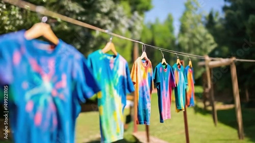Vibrant Tie-Dye T-Shirts Hanging Under the Sun on a Clothesline in a Lush Green Outdoor Setting