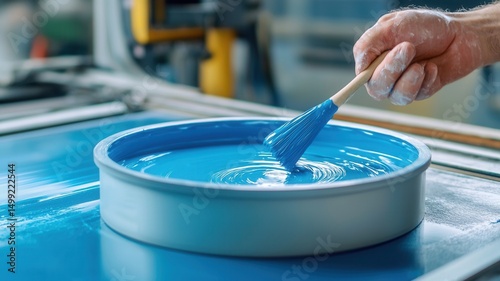 Blue paint mixing with graphic brush inside screen bristled workshop, readying pigment for printing production