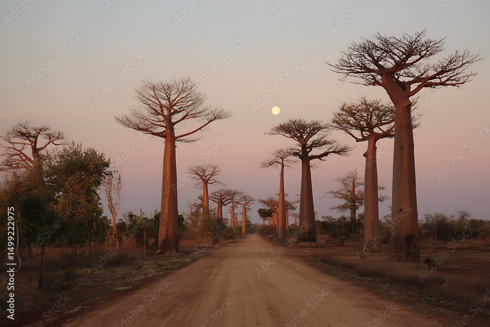 Obraz premium Radiant avenue of baobabs with moon glow 