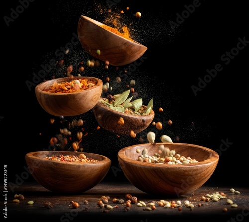 Wooden bowls filled with va...