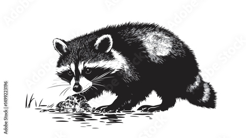 This image is a detailed monochrome illustration of a raccoon seemingly foraging. The illustration style employs varying line weights and hatching techniques to create a sense of depth and texture