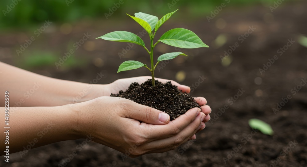 Hands holding a young plant with soil, representing growth and care. use cases environmental, agricultural, and educational projects. Hands holding a young plant with soil, representing growth and care. use cases environmental, agricultural, and educational projects.