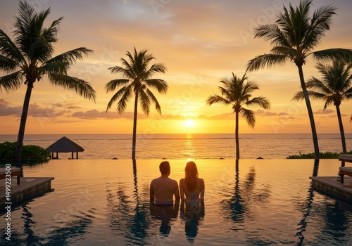 Couple watching a stunning sunset over the ocean from an infinity pool surrounded by palm trees.