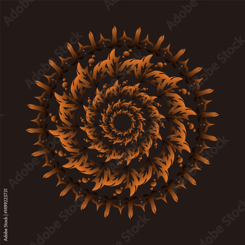 Mandala Abstract Design with Golden Orange Symmetrical Pattern on Black Background