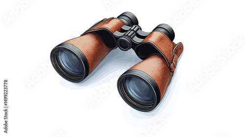 Close-up studio shot of a pair of vintage binoculars against a pure white background. The binoculars are predominantly brown, suggesting a leather or leather-like covering. The lenses are dark and.