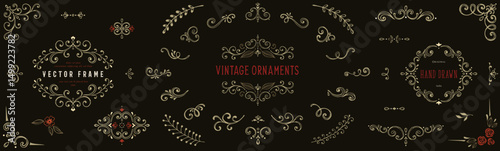 Vector handdrawn frames, ornate elements, labels, scroll, logos, floral motifs. For branding, graphic design, packaging, stickers, business and greeting cards, invitations, menu.