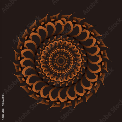 Mandala Abstract Design with Golden Orange Symmetrical Pattern on Black Background