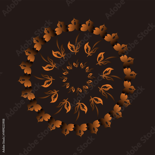 Mandala Abstract Design with Golden Orange Symmetrical Pattern on Black Background