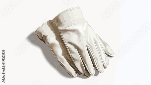 High-angle, close-up studio shot of a pair of off-white leather gloves softly folded on a pure white background. The gloves exhibit a smooth, slightly textured surface, suggesting a supple leather.