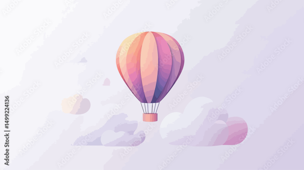 Obraz premium The image is a digital illustration depicting a hot air balloon rendered in soft pastel shades of pink, orange, and purple. The balloon is stylized with a slightly three-dimensional, almost