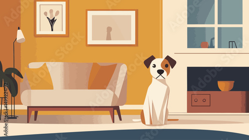 The image is a stylized vector illustration or digital painting depicting a medium-sized dog, possibly a Jack Russell Terrier mix, sitting on a light-colored floor in a contemporary living room.