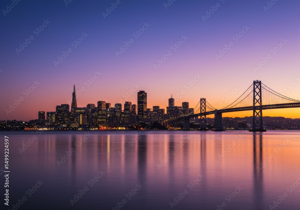 Naklejka premium San Francisco skyline at dusk with the Bay Bridge and beautiful sunset colors over the water.