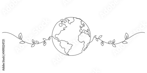 earth with tree leaf vine ecology one line drawing