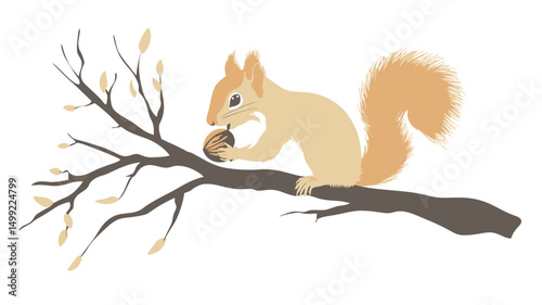 The image is a digital painting or illustration, showcasing a light-colored squirrel with a bushy tail perched on a bare, brown tree branch. The squirrel is depicted in a watercolor-like style,.