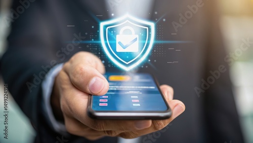 A hand holding a smartphone displays a digital shield icon, symbolizing cybersecurity and data protection.