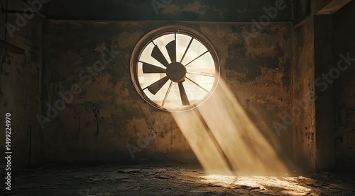 Sunbeams illuminate dust motes in a derelict room, piercing through a circular window featuring a stationary fan.  The walls are aged and textured