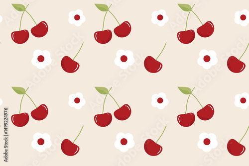 Coquette Cherries and flower seamless pattern Retro vibrant for fabric or background vector illustration.