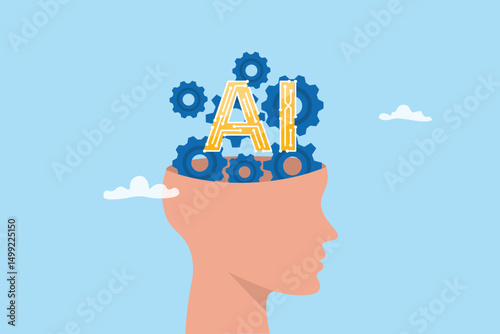 AI artificial intelligence, technology helping or support success work, AI prompt engineer or robot assistance concept. Human head with gears and AI chip.
