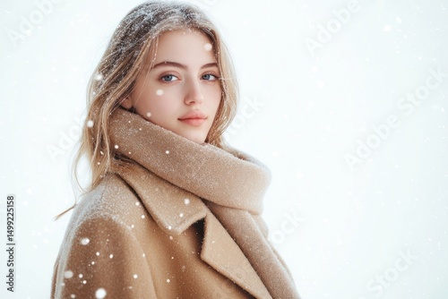 winter fashion model in snowfall, beige overcoat and scarf isolate on white background