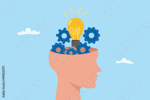 Creative and system thinking, solving problem skill, method analysis for solution success and resolution process concept. Human head with gear and light bulb vector illustration.