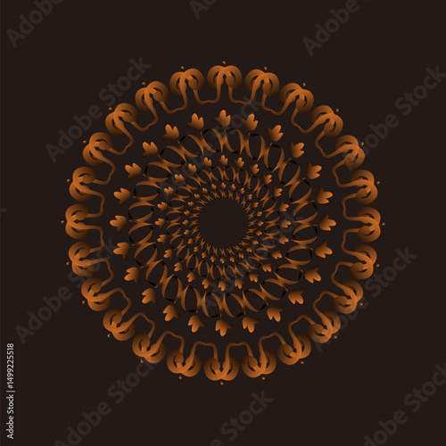 Mandala Abstract Design with Golden Orange Symmetrical Pattern on Black Background