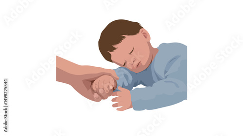 A digital illustration depicts a sleeping infant lying on its stomach, its face turned slightly away from the viewer. The infant has brown hair and is wearing a light blue long-sleeved garment.