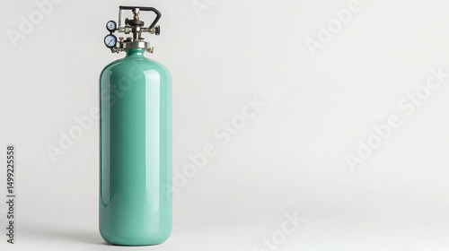 Portable medical oxygen tank with pressure gauge in teal color   photo