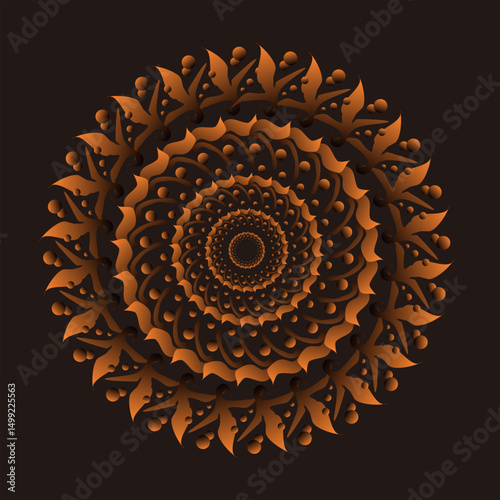Mandala Abstract Design with Golden Orange Symmetrical Pattern on Black Background