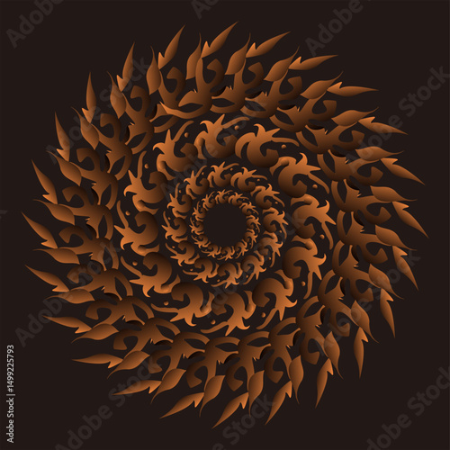 Mandala Abstract Design with Golden Orange Symmetrical Pattern on Black Background