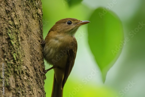 wild brown bird camouflaged against a brown tree trunk in a dense woodland