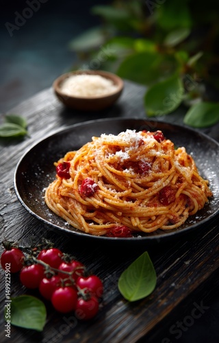 A plate of spaghetti with t...