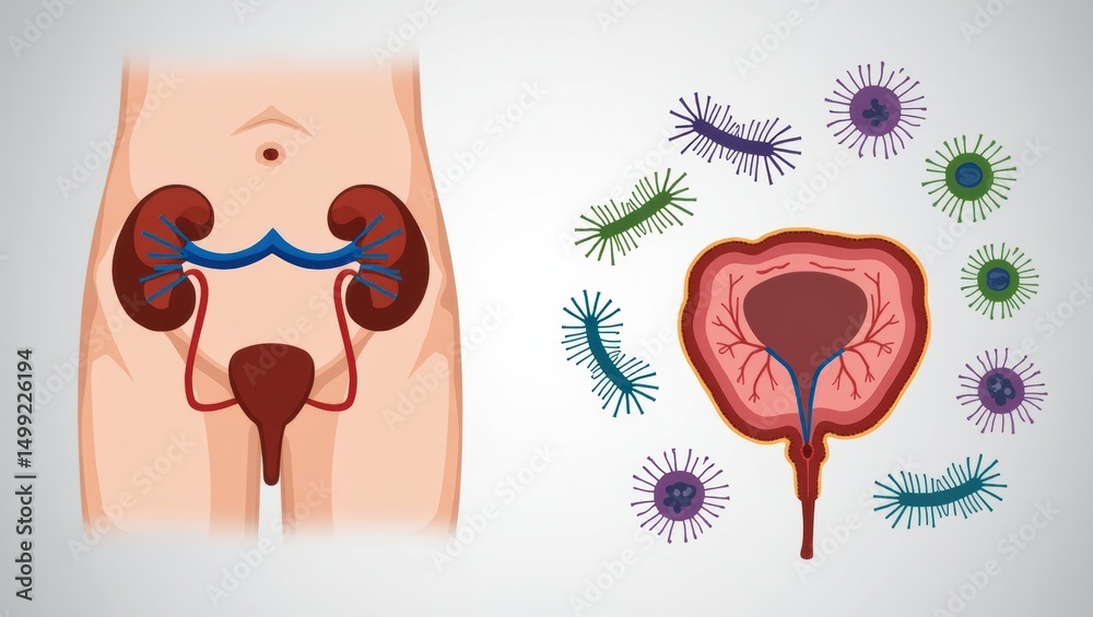 Obraz premium Urinary tract and bacteria illustration.