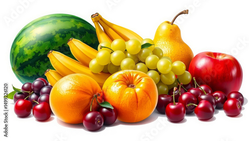 A vivid assortment of fresh fruits including bananas, grapes, watermelon, peaches, apples, cherries, and pears arranged together on a white background.