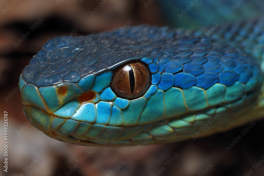Fototapeta premium Radiant viper snake with blue head closeup 