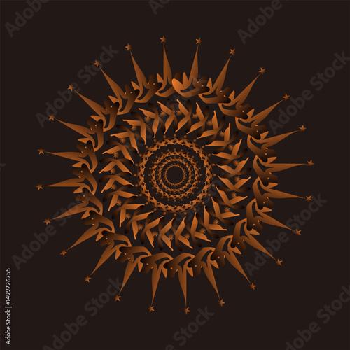 Mandala Abstract Design with Golden Orange Symmetrical Pattern on Black Background